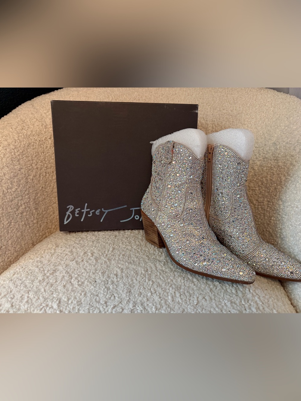Betsey Johnson Iridescent Crystal Cowboy Ankle Boots